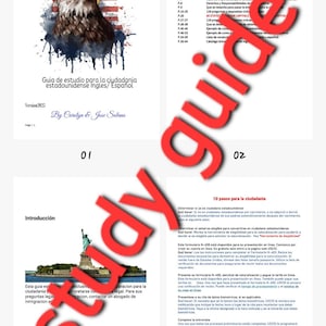 May include: Study guide for U.S. citizenship in English and Spanish. The cover features an eagle illustration with the American flag colors. Includes information on the naturalization process, eligibility, and 10 steps to citizenship.