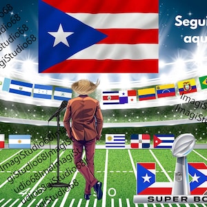 Puede incluir: Ilustración digital de una persona en un estadio con banderas y un trofeo del Super Bowl. La bandera de Puerto Rico es prominente. El texto incluye "Seguimo aqui!!" y "SUPER BOWL".