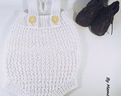 Cut 3-6 months baby romper retro vintage knitted hand, white, embossed stitch cotton thread