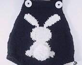 Baby romper, size 0-3 months, knitted by hand, cotton yarn, color Navy and white rabbit