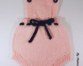 Baby romper, retro vintage, straps, size 0.3 months hand knitted in a pink and Black 100 cotton yarn