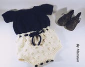 Size 6 months baby romper, vintage, bloomers and short sleeved sweater, retro hand knitted cotton Merino, Navy Blue and ivory