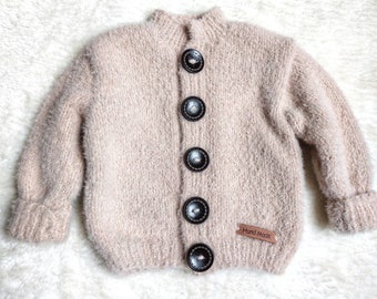 Hand-knitted "doudou" cardigan, size 3 months, super soft yarn, light beige color