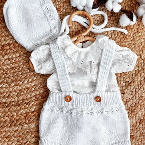 Vintage hand-knitted baby crush and strappy panties set in white cotton