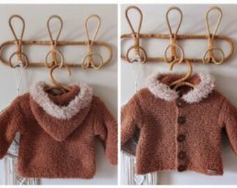 Hand-knitted baby hooded Paletot coat in brown sherpa effect yarn and beige fur effect yarn