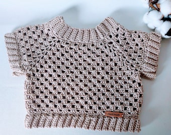 Pull bébé sans manche taille 9.12 mois crocheté main en fil coton coloris beige