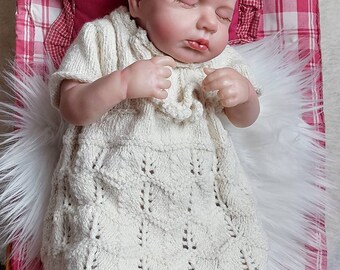 Hand-knitted baby dress size 0.3 months in an ecru cotton and alpaca blend yarn