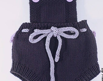 Baby romper, retro vintage, size 0-3 months, hand knitted, cotton thread, purple color, its purple ruffles