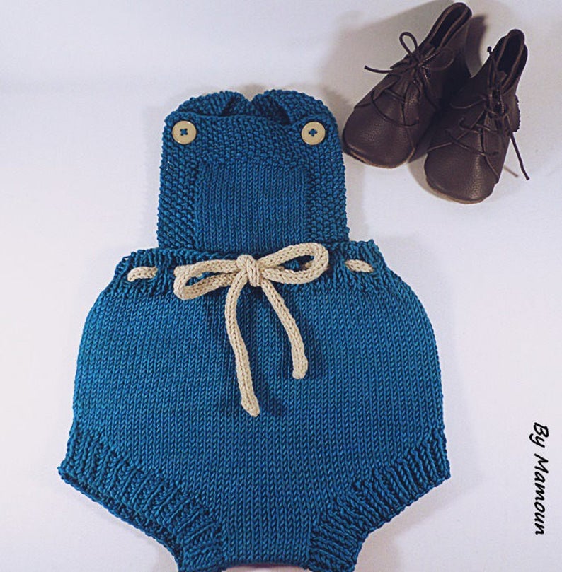 Barboteuse bébé, rétro vintage, taille 3-6 mois, tricoté main, fil coton, coloris bleu roi image 1