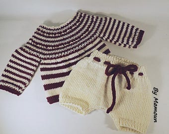 Ensemble bébé, shortie et brassière, taille 0-3 mois, tricoté main, fil doux mérinos et coton, coloris ivoire et bordeaux