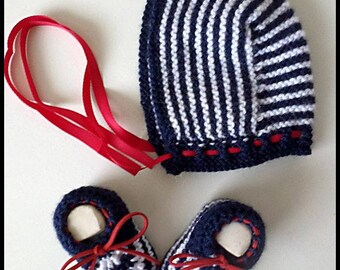 Ensemble bébé rétro vintage (3 mois) béguin et chaussons coordonnés tricotés main