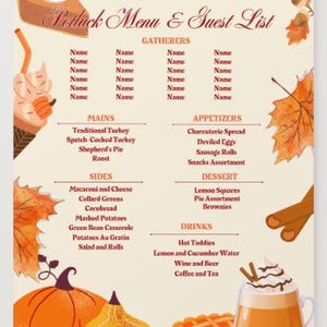 Thanksgiving Potluck Menu & Guest List | Editable Canva Template | 8.5x11 Printable Fall Sign