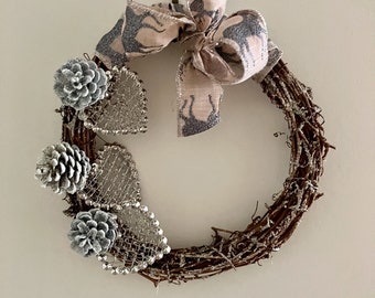 Christmas Wreath with Silver Hearts and Pine Cones