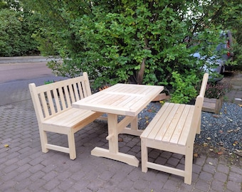 Salon de jardin, table de jardin, 2 bancs de jardin