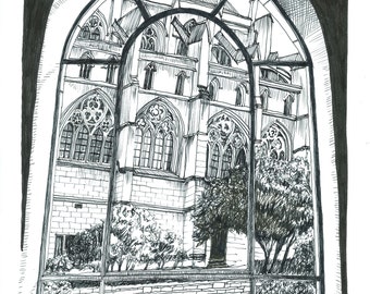 Black & white print -- Window view to St. Paul's, Dunedin