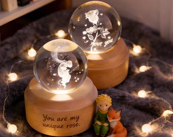 Custom Little Prince& Rose Crystal Ball Music Box,Personalized  Base,Romantic Gift for Couples, Anniversary,Baby Shower Gift,Bitrhday Gift