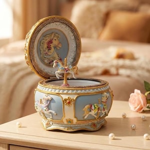 May include: A round, light blue and gold music box featuring a carousel theme. The lid displays a relief of a horse head, while the base is decorated with sculpted horses and colorful gems. A small, central carousel horse stands inside the open box.