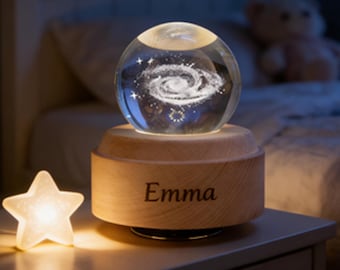 Personalized Crystal Ball Music Box,Custom Engraved Beech Wood Base with Light & Melody ,Bedroom Companion,Unique Keepsake,Gift for kids