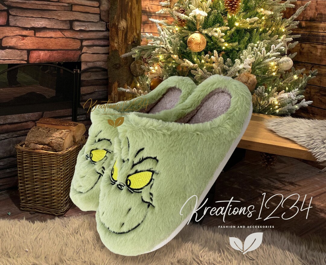 Grinch Slippers Merry Grinchmas Embroidered Slippers Etsy