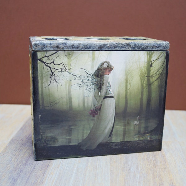 Wooden box candle holder Fairy wooden box candleholder wood box original box home decoration unique box unique candle holder green black