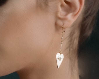 LOVE + PROTECTION gold heart evil eye earrings / gift for her romantic spiritual inspirational boho / statement dangle drop earrings