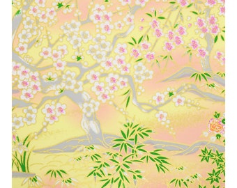 Japanese Yuzen Chiyogami Washi Paper - 14x14cm Cherry blossom tree on peach and yellow with green leaves, Japanese origami craft paper