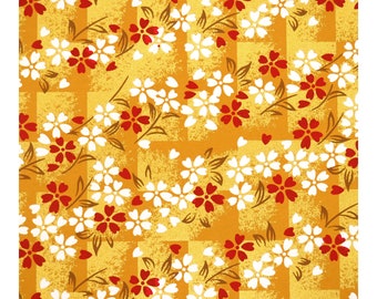 Japanese Yuzen Chiyogami Washi Paper - 14x14cm Cherry blossom in white and red on yellow and gold Japanese origami paper, Japanese paper