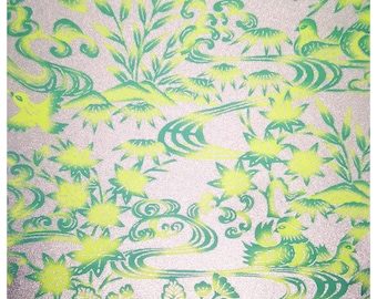 Green Bird Yuzen Washi Paper: Silver Origami Chiyogami for Crafting
