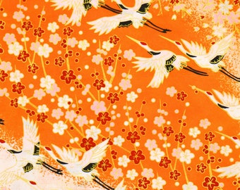 Japanese Yuzen Chiyogami Washi Paper - 14x14cm White cranes on bright orange background with gold details, Crane Japanese origami paper