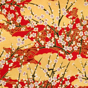 Japanese Yuzen Chiyogami Washi Paper - 14x14cm Cherry blossom tree on red and gold Japanese, Sakura blossom tree origami Japanese paper,