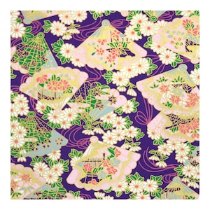 Japanese Yuzen Chiyogami Washi Paper - 14x14cm Pink fan print with flowers on purple background Japanese origami paper, Japanese paper