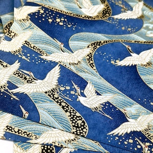 Japanese Yuzen Chiyogami Washi Paper White Crane Print With Blue Waves ...