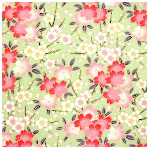 Japanese Yuzen Chiyogami Washi Paper - Pink cherry blossom origami Japanese paper for crafting and scrap booking, green origami paper