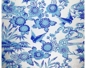 Blue Bird Yuzen Washi Paper: Silver Origami Chiyogami for Crafts