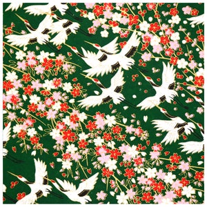 Japanese Yuzen Chiyogami Washi Paper - White cranes with cherry blossom on green, origami Japanese paper for crafting and scrap booking