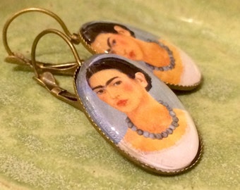 Frida Kahlo Dangle Earrings, Frida Kahlo with Necklace Painting, Gift for Art Lover ,Gift for Art Teacher,  Frida Stocking Stuffer