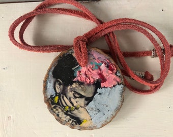 Frida Kahlo Jewelry-Hand Painted Necklace on Wood with Pink Suede Cord