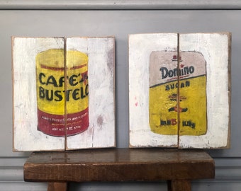 Coffee Art Cafe Bustelo and Domino Sugar Food Art Coffee Art on Reclaimed  Wood Gift for Dominican Kitchen Wall Art Yellow Kitchen Art