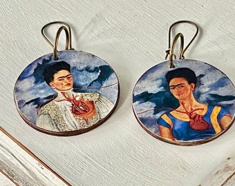 Frida Kahlo Portrait Large Round Dangle Earrings, The Two Fridas