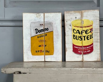 Coffee Art Cafe Bustelo and Domino Sugar Food Art Coffee Art on Reclaimed  Wood Gift for Dominican Kitchen Wall Art Yellow Kitchen Art