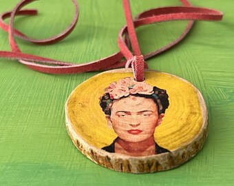 Frida Kahlo Necklace Wood Pendant Necklace with 36 Inch Suede Cord Gift for Art Teacher or Frida Kahlo Fan Frida Valentines Day