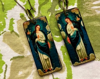 Mexican Folk Art Dangle Earrings, Virgen de Guadalupe