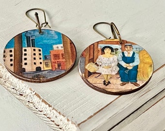 Frida Kahlo Art, Large Round Dangle Earrings, The Bus