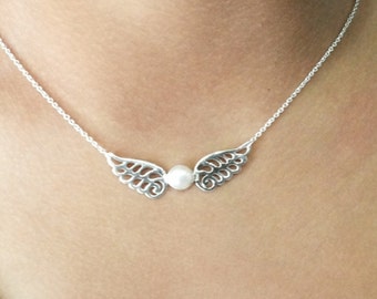 925 Sterling Silver Necklace ANGEL WING Pendant (+) with white pearl # Beautiful angle wing simple and coll design silver jewelry.