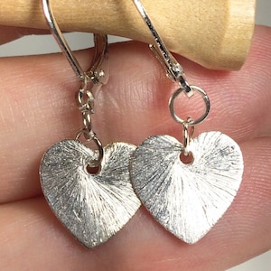 Brushed Silver Heart Leverbacks or Earrings, Matte Silver, Sterling Silver or Titanium Ear Wire Option Available,  Petite, Any Age