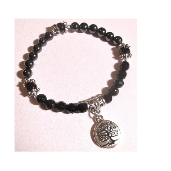 Tree of Life & Silver Stretch Yoga Bracelet, Tierracast Charm, Black Onyx, Hematite, Garnet, All Natural Gemstones, Custom Sized -