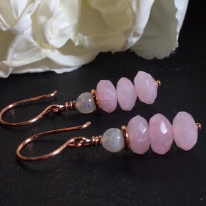 Natural Morganite Pink Quartz & Rainbow Moonstone Earrings or Leverbacks Copper / Sterling / Titanium / 14k Gold Filled