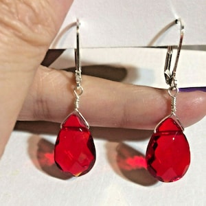 Ruby Red Quartz Leverbacks or Earrings, Faceted Teardrop Briolette, Silver, Gold, Copper, Titanium, Sterling, Silver or 14k Gold Filled