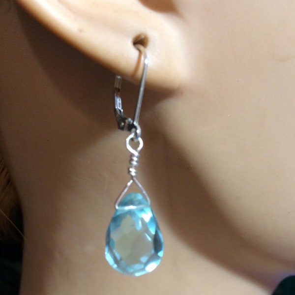 Aquamarine Quartz Earrings or Leverbacks, Faceted Teardrop Briolette, Select Metal: Silver, Gold, Copper, Titanium, Sterling. Gold Filled