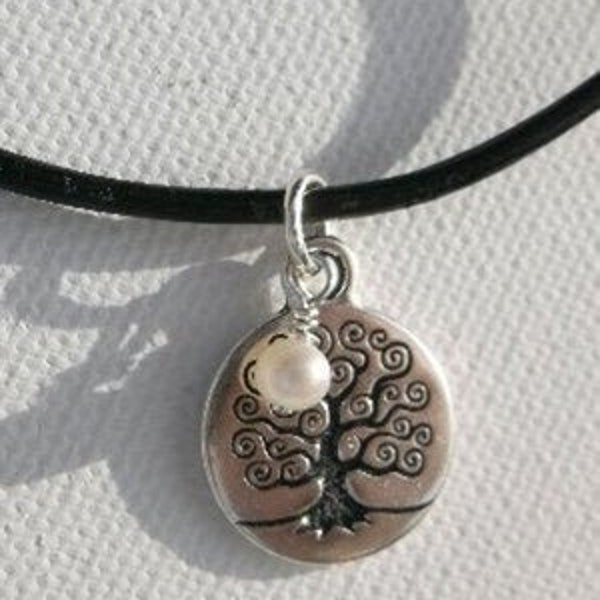 Tree of Life, Pearl & Silver Leather Necklace, Tierracast Charm, Select Sterling Silver or Silver Plated